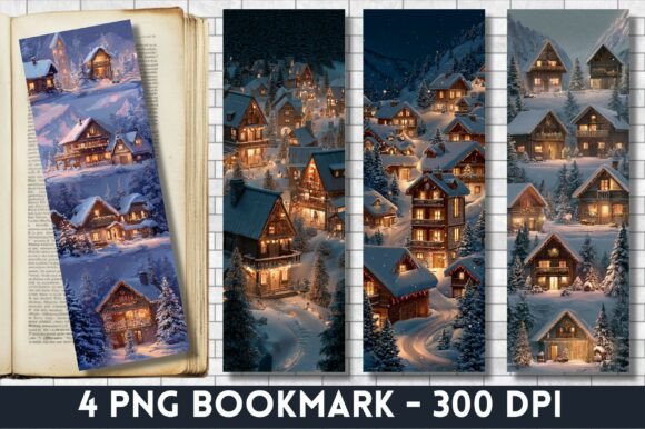 Cozy Winter Village Night Bookmark Design for Crafts Lovers