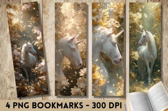 Magical Golden Unicorn Floral Bookmark for Crafts and Creative Branding