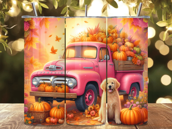 Pink Pumpkin Truck Dog Tumbler Wrap: A Festive Graphic Design Asset for Local Branding