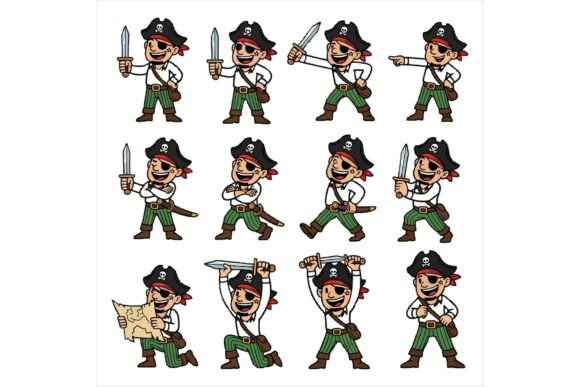 Pirate Cartoon Character Various Poses for T-Shirt Designs