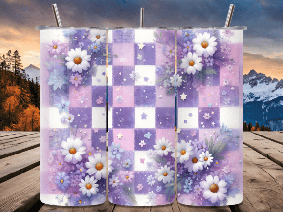 Purple Retro Daisy Checkered Tumbler Wraps for Content Creators