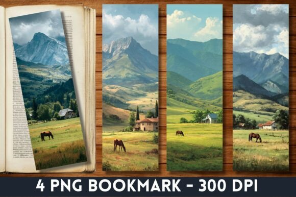 Scenic Mountain Horse Farm Bookmark PNG for Print Templates